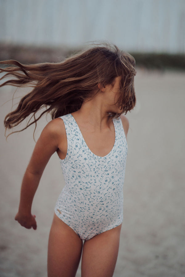Sweetheart 1 Piece Swimsuit in Scandi Floral, UPF protection, eco-friendly design, angle view.