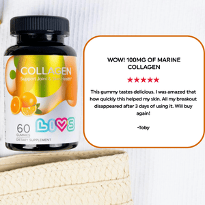 Collagen gummies in orange flavor, angled view showcasing the vibrant packaging and chewy texture.