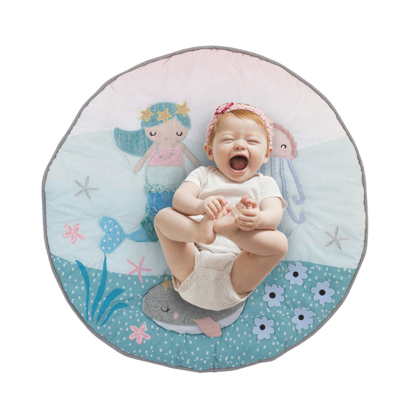 Sugar Reef Mermaid 4 Piece Nursery Crib Bedding Set - Appliqued Round Play Quilt, 100% Cotton Fitted Crib Sheet, Shirred Crib Skirt with 16" Drop, Nursery Organizer