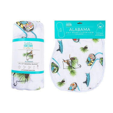Alabama baby muslin swaddle blanket and burp cloth/bib combo gift set for infants. Soft, stylish, and practical.