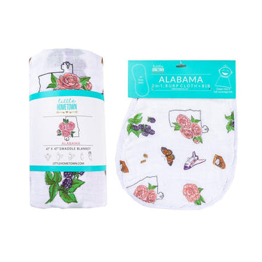 Alabama Floral Baby Muslin Swaddle Blanket and Burp Cloth/Bib Combo Gift Set for infants.