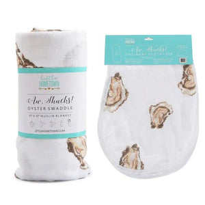 Gift Set: Aw Shucks! Oyster Baby Muslin Swaddle Blanket and Burp Cloth/Bib Combo Baby Shower Essential for Newborn