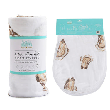 Aw Shucks! Oyster baby swaddle blanket and burp cloth/bib gift set for newborns. Soft, stylish, and practical.