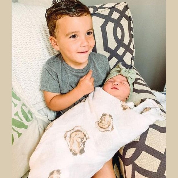 Gift Set: Aw Shucks! Oyster Baby Muslin Swaddle Blanket and Burp Cloth/Bib Combo