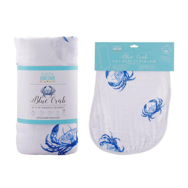 Blue Crab Baby Muslin Swaddle Blanket and Burp Cloth/Bib Combo Gift Set for infants.