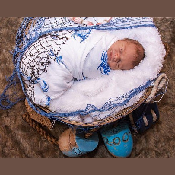 Blue Crab Baby Muslin Swaddle Blanket and Burp Cloth/Bib Combo Gift Set for infants.