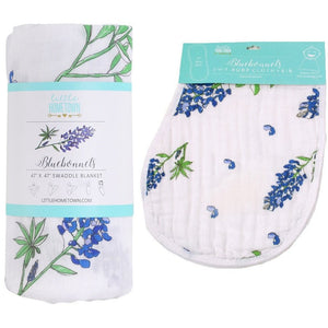 Gift Set: Bluebonnets Baby Muslin Swaddle Blanket and Burp Cloth/Bib Combo