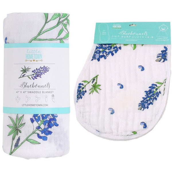 Gift Set: Bluebonnets Baby Muslin Swaddle Blanket and Burp Cloth/Bib Combo