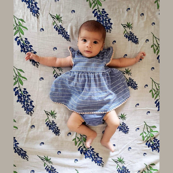 Gift Set: Bluebonnets Baby Muslin Swaddle Blanket and Burp Cloth/Bib Combo Soft Breathable Bamboo Cotton