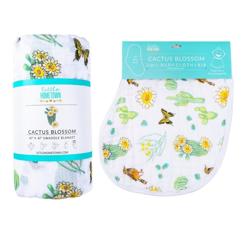 Cactus Blossom Baby Muslin Swaddle Blanket and Burp/Bib Combo gift set for infants, perfect for cozy and stylish care.