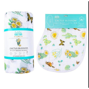 Cactus Blossom Baby Muslin Swaddle Blanket and Burp/Bib Combo gift set for infants, perfect for cozy and stylish care.