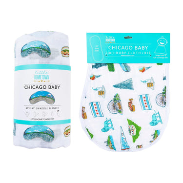 Chicago Baby Muslin Swaddle Blanket and Burp Cloth/Bib Combo gift set for infants, perfect for swaddling and feeding.