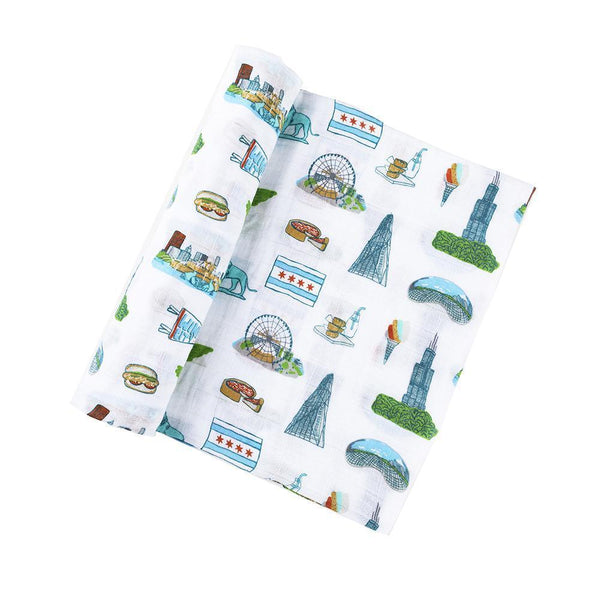 Gift Set: Chicago Baby Muslin Swaddle Blanket and Burp Cloth/Bib Combo