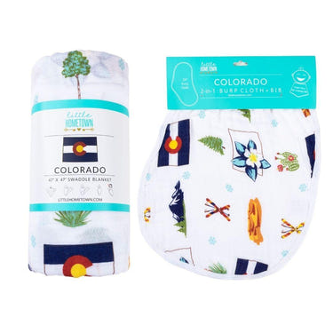 Colorado Baby Muslin Swaddle Blanket and Burp Cloth/Bib Combo Gift Set for infants, perfect for swaddling and feeding.