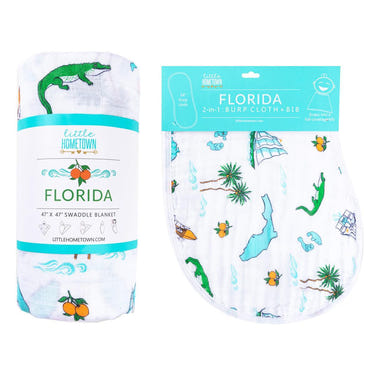 Florida Baby Muslin Swaddle Blanket and Burp Cloth/Bib Combo gift set for infants, perfect for cozy and stylish baby care.