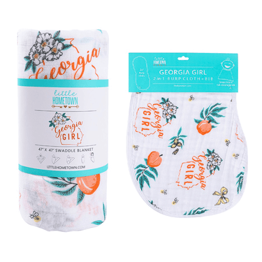 Georgia Girl Muslin Swaddle Blanket and Burp Cloth/Bib Combo gift set for babies, perfect for swaddling and feeding.