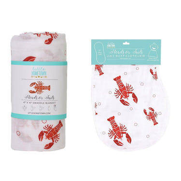 Baby gift set featuring Heads Tails crawfish lobster muslin swaddle blanket and burp cloth/bib combo.