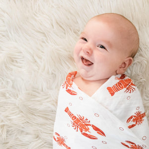 Gift Set: Heads Tails Crawfish Lobster Baby Muslin Swaddle Blanket and Burp Cloth/Bib Combo