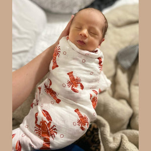 Gift Set: Heads Tails Crawfish Lobster Baby Muslin Swaddle Blanket and Burp Cloth/Bib Combo