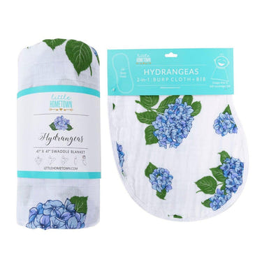 Hydrangeas baby muslin swaddle blanket and burp cloth/bib combo gift set for newborns.
