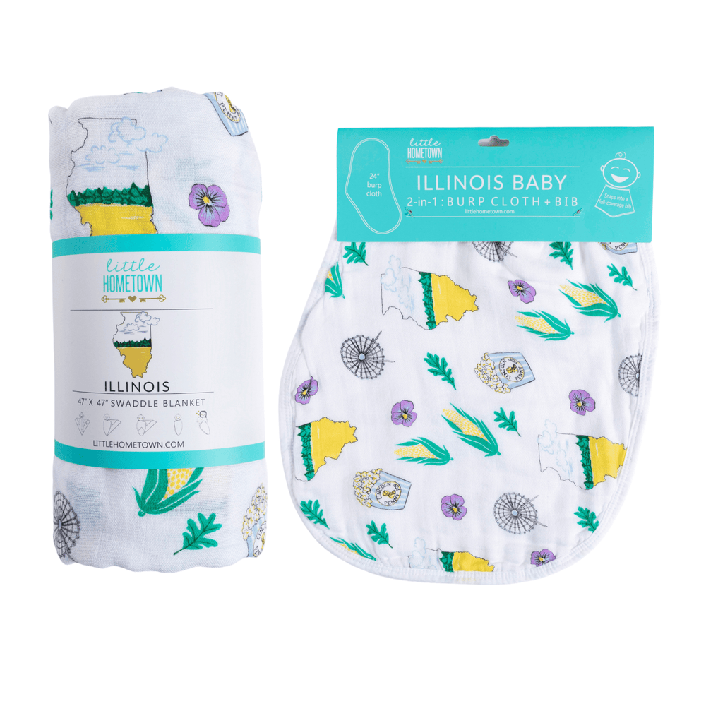 Illinois Baby Muslin Swaddle Blanket and Burp Cloth/Bib Combo Gift Set for infants, soft and stylish baby essentials.