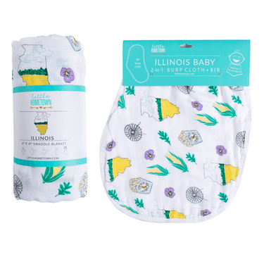 Illinois Baby Muslin Swaddle Blanket and Burp Cloth/Bib Combo Gift Set for infants, soft and stylish baby essentials.
