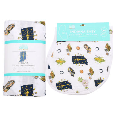 Indiana Baby Muslin Swaddle Blanket and Burp Cloth/Bib Combo gift set for infants, perfect for swaddling and feeding.