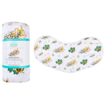 Kentucky Baby floral muslin swaddle blanket and burp cloth/bib combo gift set for infants.