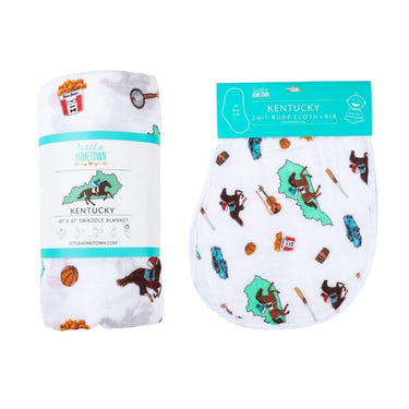 Kentucky Baby Muslin Swaddle Blanket and Burp Cloth/Bib Combo gift set for infants, perfect for swaddling and feeding.