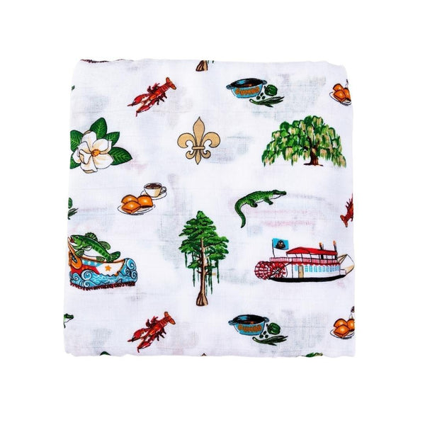 Gift Set: Louisiana Baby Muslin Swaddle Blanket and Burp Cloth/Bib Combo Baby Shower Essential for Newborn