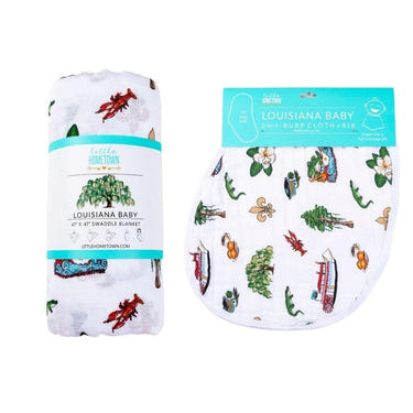 Louisiana Baby Muslin Swaddle Blanket and Burp Cloth/Bib Combo gift set for infants, perfect for swaddling and feeding.