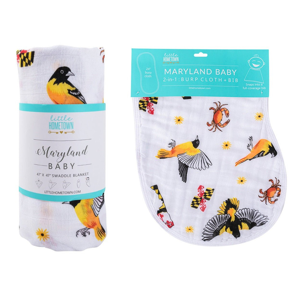 Maryland Baby Muslin Swaddle Blanket and Burp Cloth/Bib Combo gift set for infants, soft and stylish baby essentials.