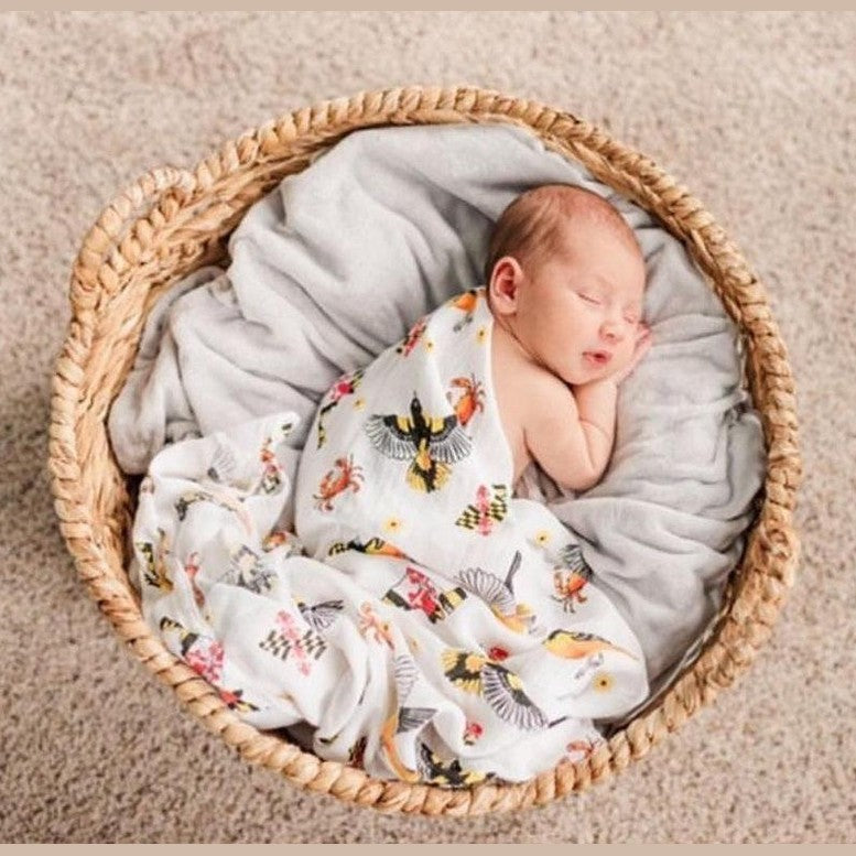 Maryland Baby Muslin Swaddle Blanket and Burp Cloth/Bib Combo gift set for infants, soft and stylish baby essentials.