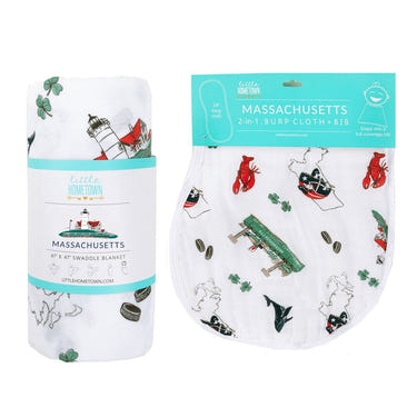 Massachusetts baby muslin swaddle blanket and burp cloth/bib combo gift set for infants.
