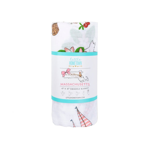 Gift Set: Massachusetts Floral Baby Muslin Swaddle Blanket and Burp Cloth/Bib Combo