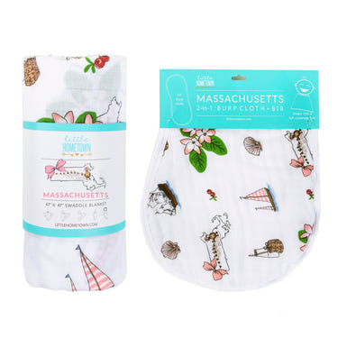 Massachusetts Floral Baby Muslin Swaddle Blanket and Burp Cloth/Bib Combo gift set for newborns.