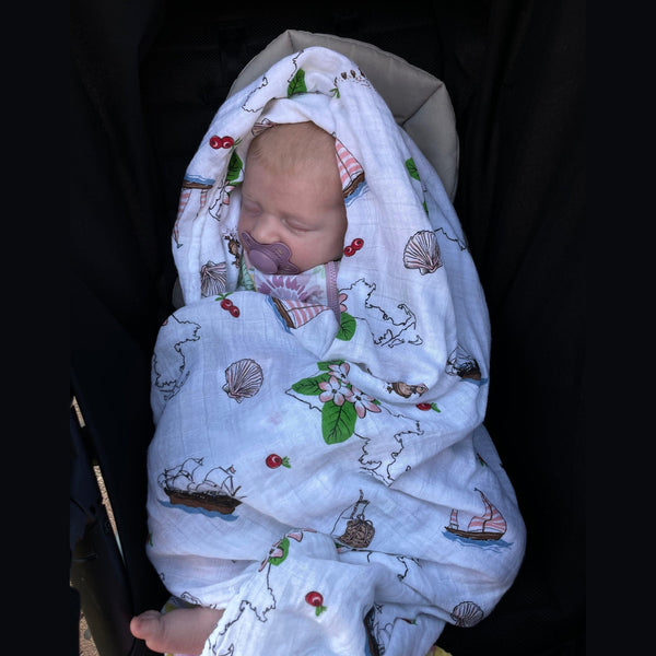 Gift Set: Massachusetts Floral Baby Muslin Swaddle Blanket and Burp Cloth/Bib Combo