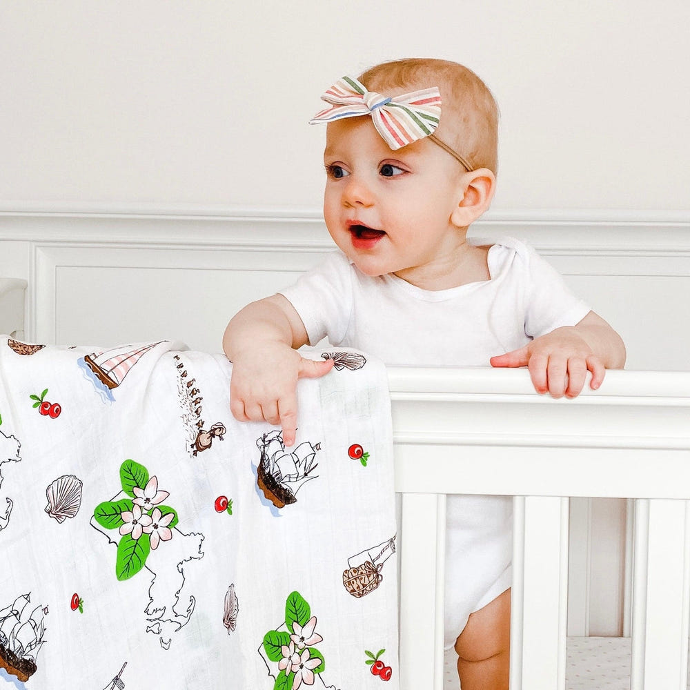 Massachusetts Floral Baby Muslin Swaddle Blanket and Burp Cloth/Bib Combo gift set for newborns.