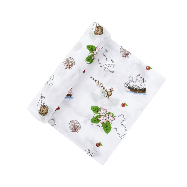 Gift Set: Massachusetts Floral Baby Muslin Swaddle Blanket and Burp Cloth/Bib Combo