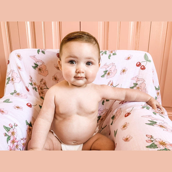 Gift Set: Michigan Baby Muslin Swaddle Blanket and Burp Cloth/Bib Combo (Floral)