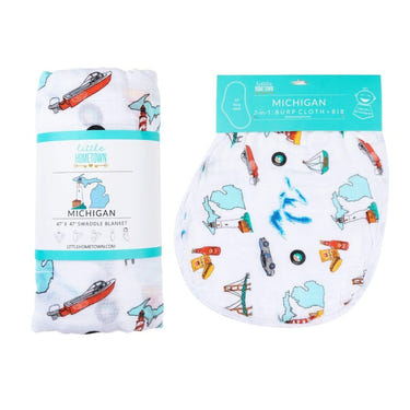 Michigan baby muslin swaddle blanket and burp cloth/bib combo gift set for infants. Soft and stylish baby essentials.