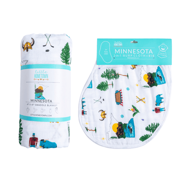 Minnesota Baby Muslin Swaddle Blanket and Burp Cloth/Bib Combo gift set for infants, soft and stylish baby essentials.