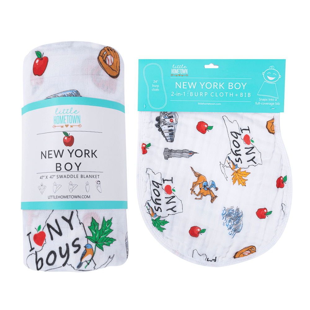 New York baby boy muslin swaddle blanket and burp cloth/bib combo gift set for infants.