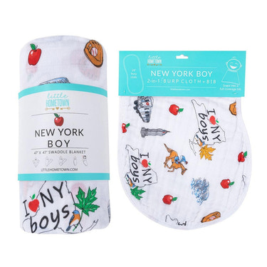 New York baby boy muslin swaddle blanket and burp cloth/bib combo gift set for infants.