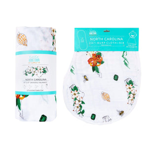 Gift Set: North Carolina Baby Muslin Swaddle Blanket and Burp Cloth/Bib Combo (Floral)