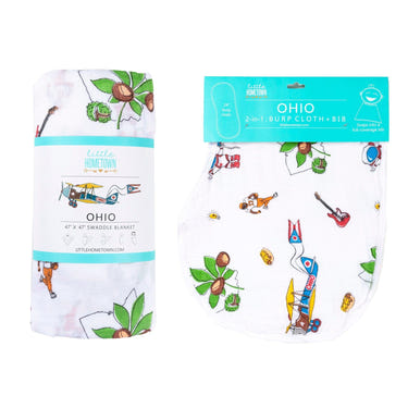 Ohio Baby Muslin Swaddle Blanket and Burp Cloth/Bib Combo Gift Set for newborns, soft and stylish baby essentials.