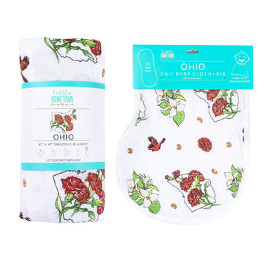 Ohio Baby floral muslin swaddle blanket and burp/bib combo gift set for infants. Perfect for cozy and stylish baby care.