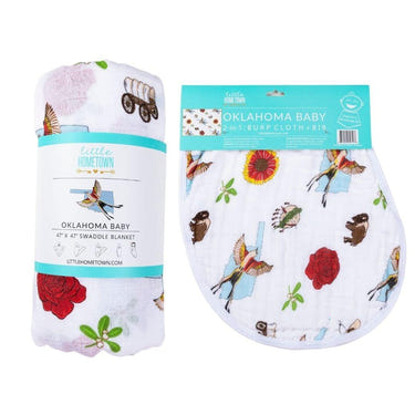 Oklahoma swaddle blanket and burp cloth/bib combo gift set for babies, perfect for comfort and style.