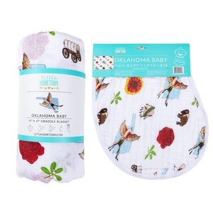 Oklahoma swaddle blanket and burp cloth/bib combo gift set for babies, perfect for comfort and style.