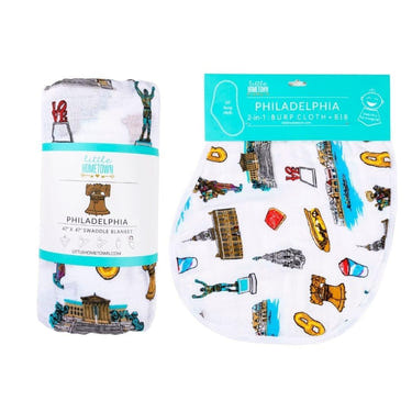 Philadelphia Baby Muslin Swaddle Blanket and Burp Cloth/Bib Combo gift set for newborns, soft and stylish essentials.